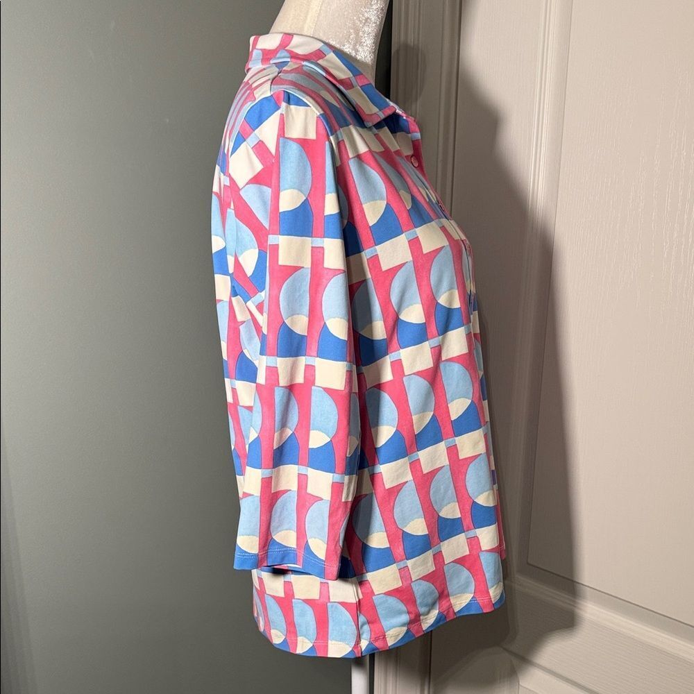 J.McLaughlin Geometric Print Polo Top 3/4 Sleeve Stretch Knit Size XL - Picture 6 of 7